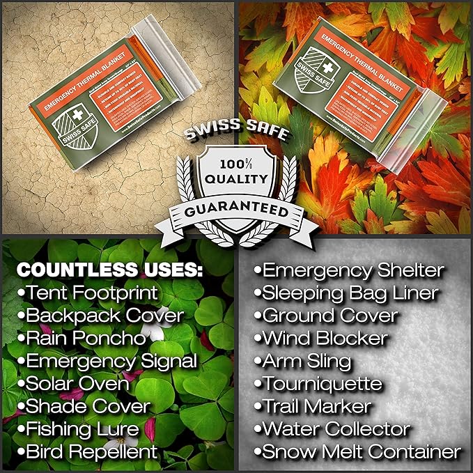 Swiss Safe Emergency Mylar Thermal Blankets + Bonus Space Blanket - Compact & Insulated for Cold Weather - Designed for NASA, Outdoor Camping, Survival, First Aid Car Kit - Orange & Green, 4 Pack