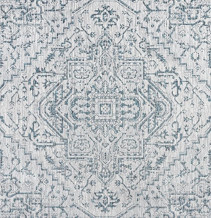 JONATHAN Y SMB105C-6SQ Estrella Bohemian Medallion Textured Weave Teal/Gray 6' Square Indoor/Outdoor Area Rug, Pet Friendly, Non-Shedding, Stain Resistant, Easy-Cleaning for Backyard, Patio, Porch